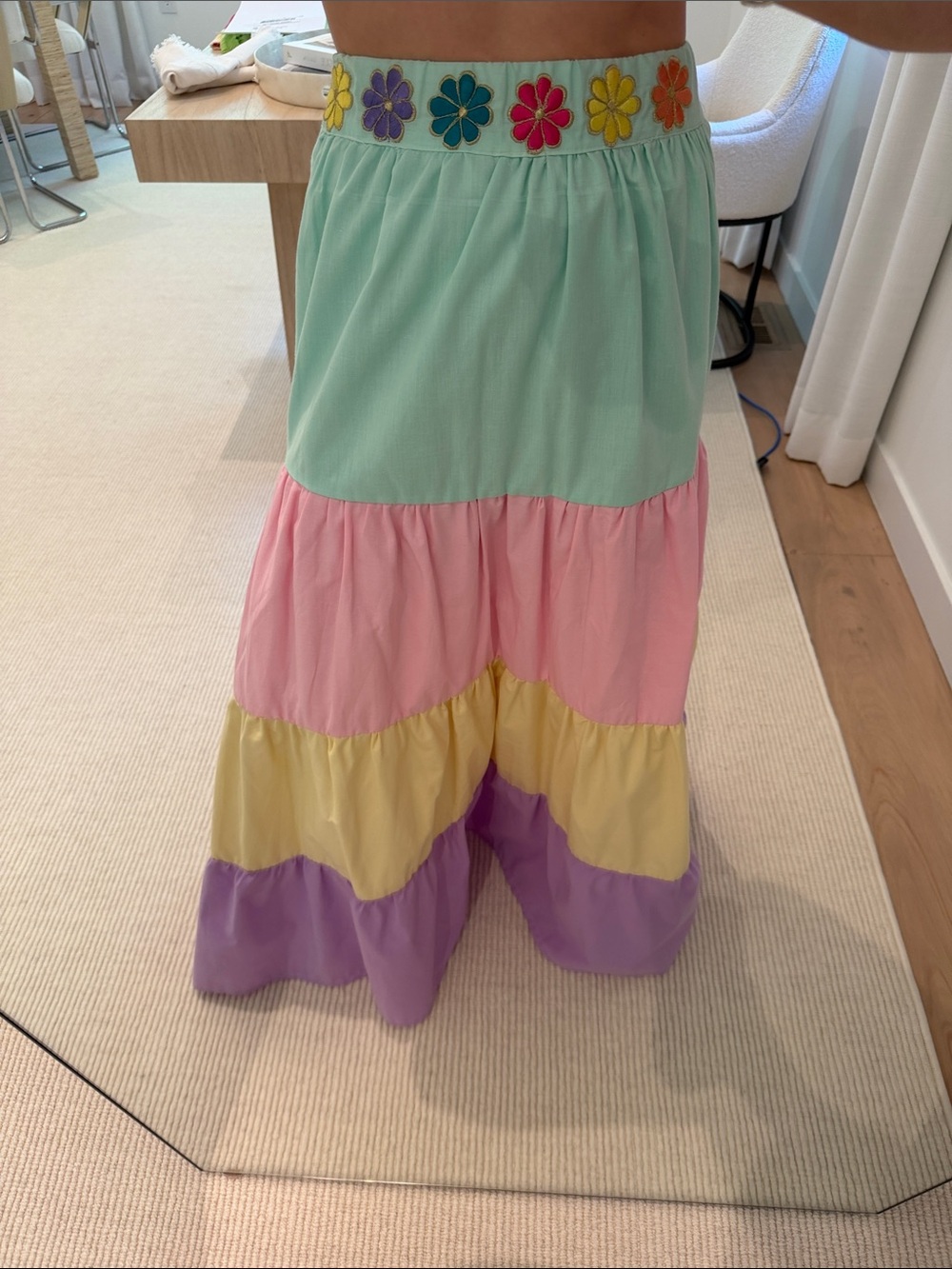 Woman’s ' Pastel Tiered Maxi Skirt with Flower-Embellished Waistband